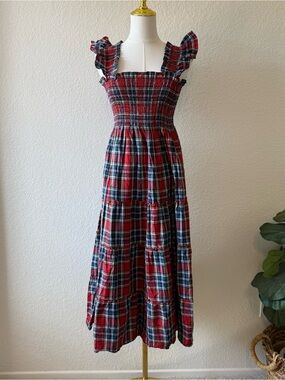 Hill House Women's Ellie Nap Dress Red White Blue Plaid Midi Size XS